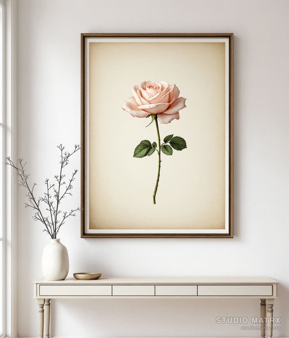 Vintage Rose Engraving Print — Warm White Wall