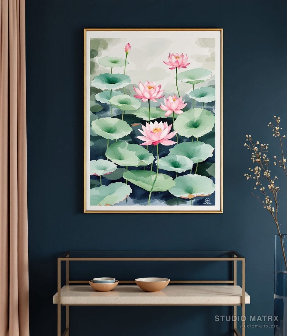 Watercolour Lotus Pond Study — Charcoal Wall