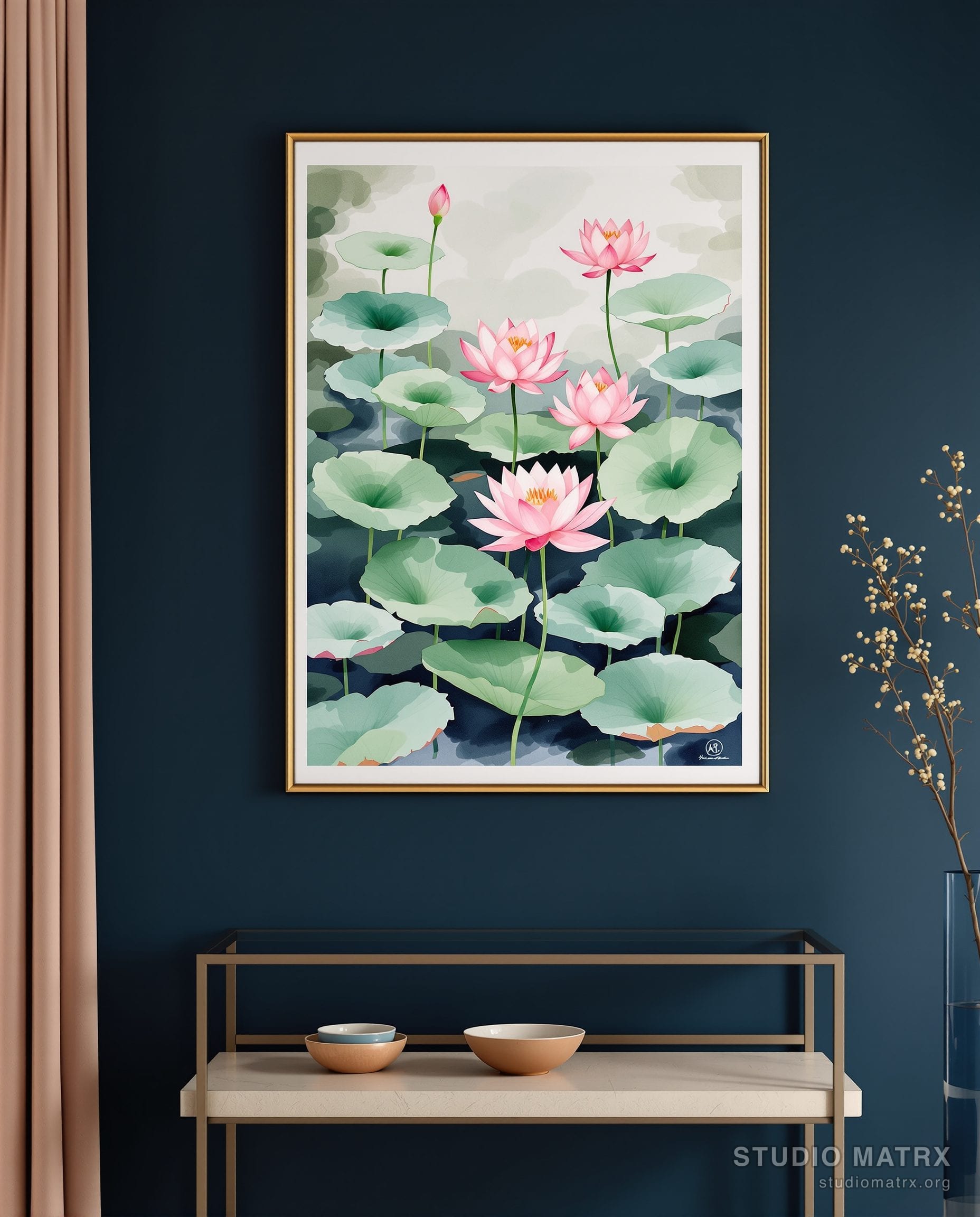 Watercolour Lotus Pond Study — Navy Wall