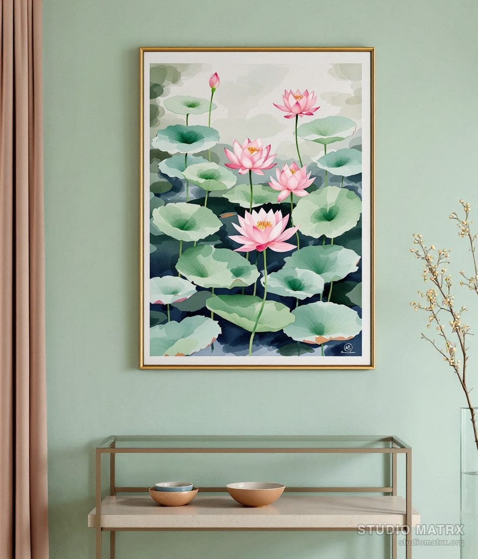 Watercolour Lotus Pond Study — Sage Wall