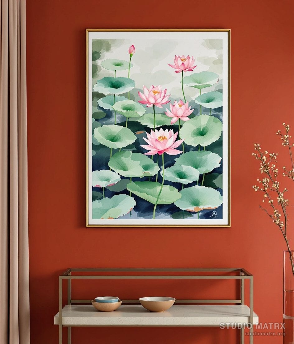 Watercolour Lotus Pond Study — Terracotta Wall