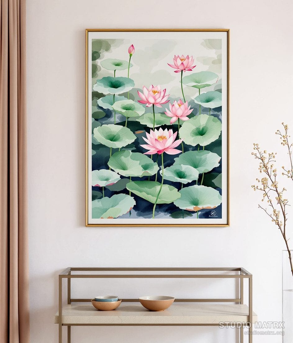 Watercolour Lotus Pond Study — Warm White Wall