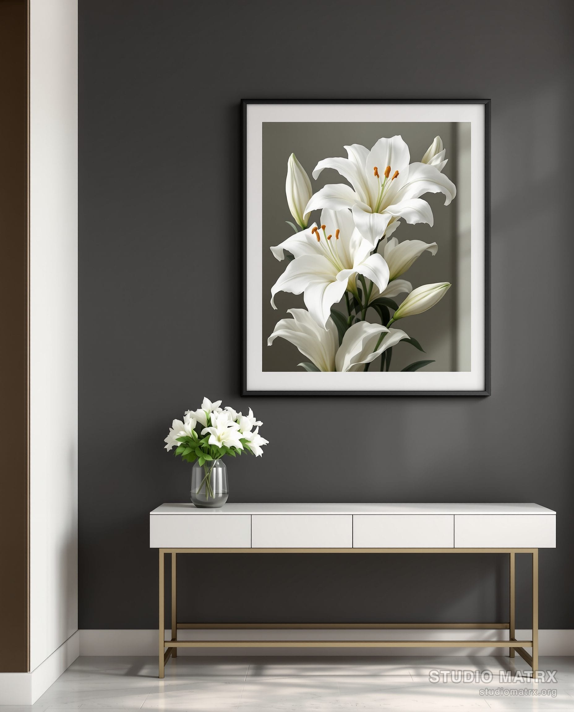 White Lily Floral Art Print — Charcoal Wall