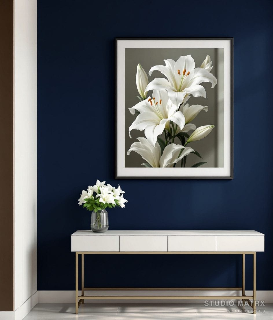 White Lily Floral Art Print — Navy Wall
