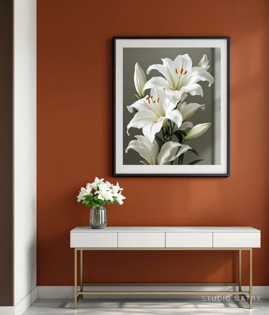 White Lily Floral Art Print — Terracotta Wall