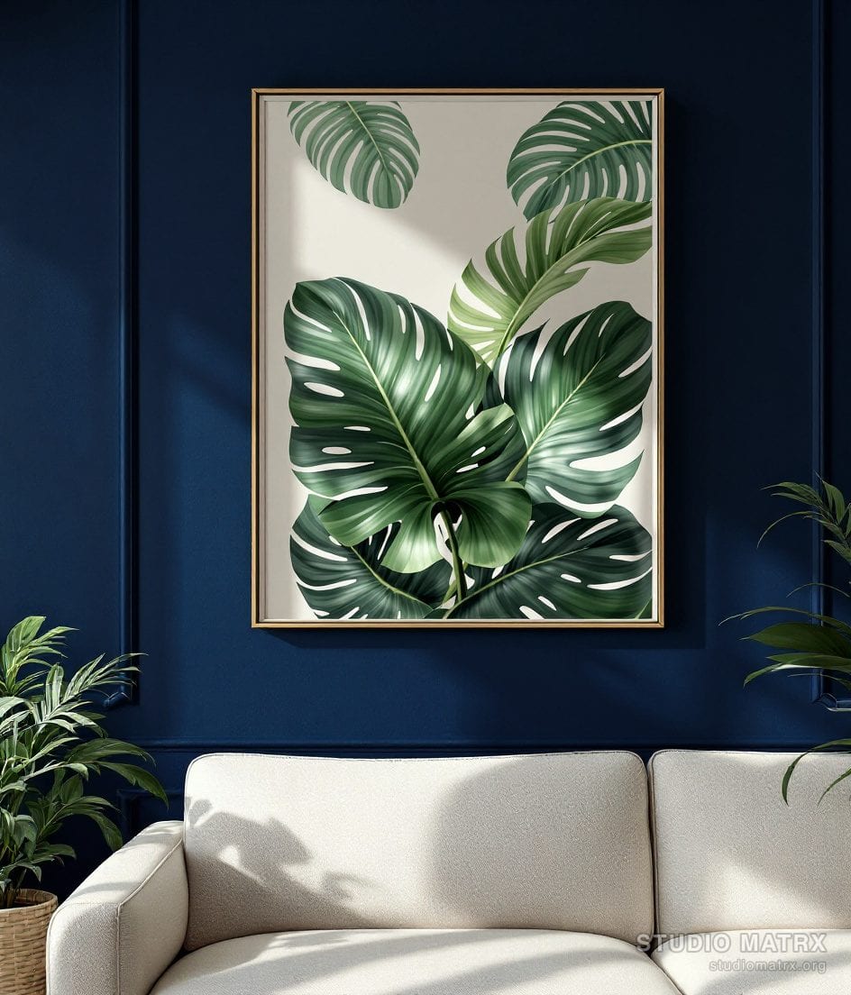 Contemporary Botanical Leaf — Navy Wall