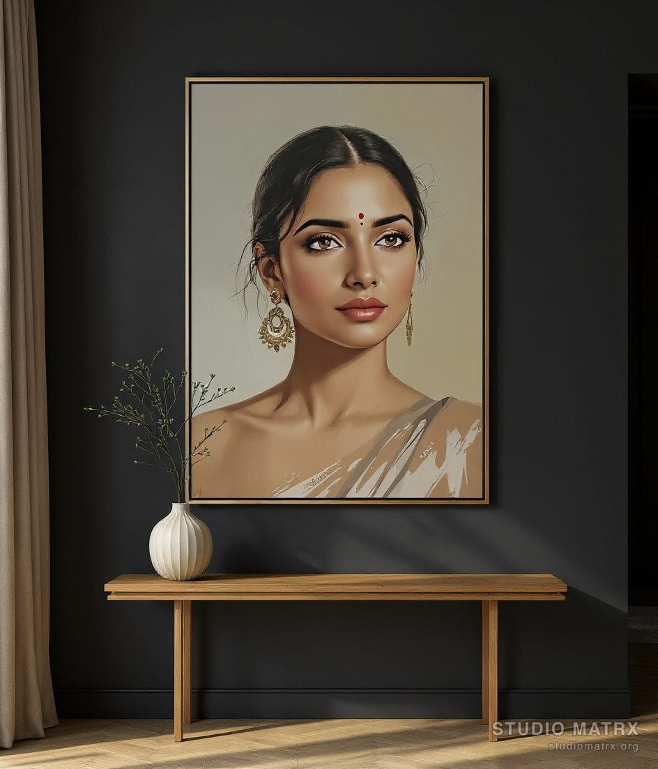 Contemporary Indian Woman Portrait — Charcoal Wall