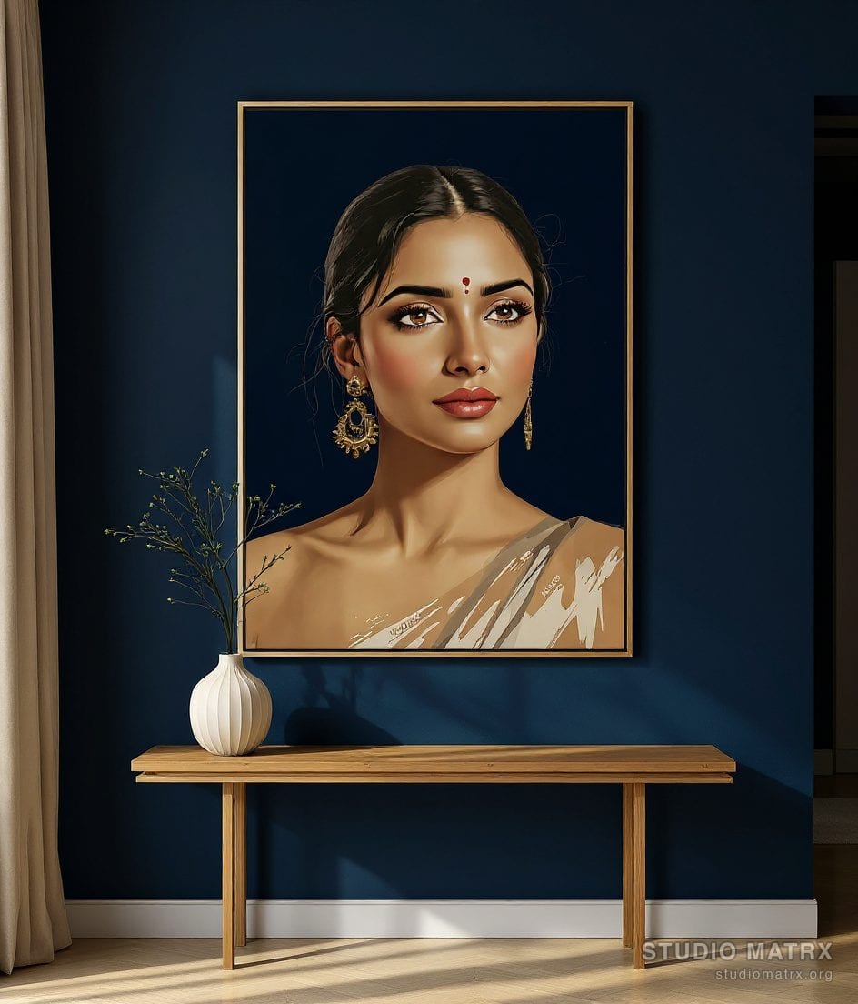 Contemporary Indian Woman Portrait — Navy Wall