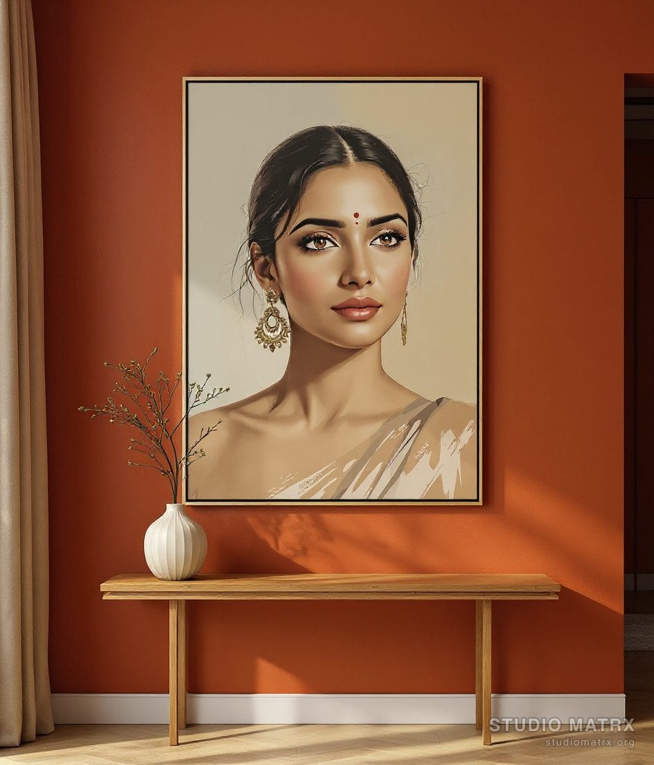 Contemporary Indian Woman Portrait — Terracotta Wall