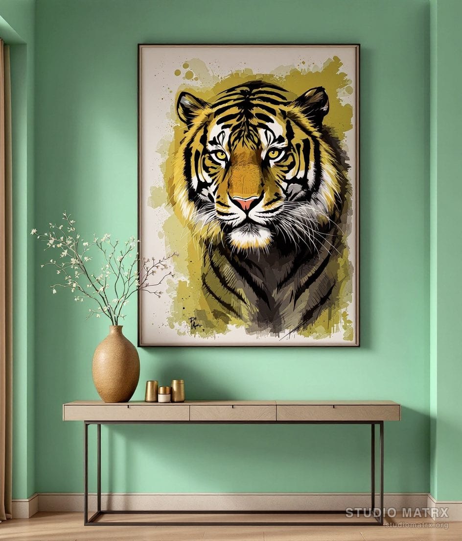 Contemporary Wildlife Tiger — Sage Wall