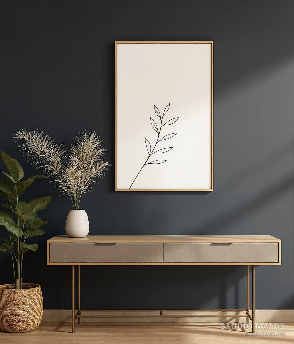 Negative Space Leaf Lines — Charcoal Wall