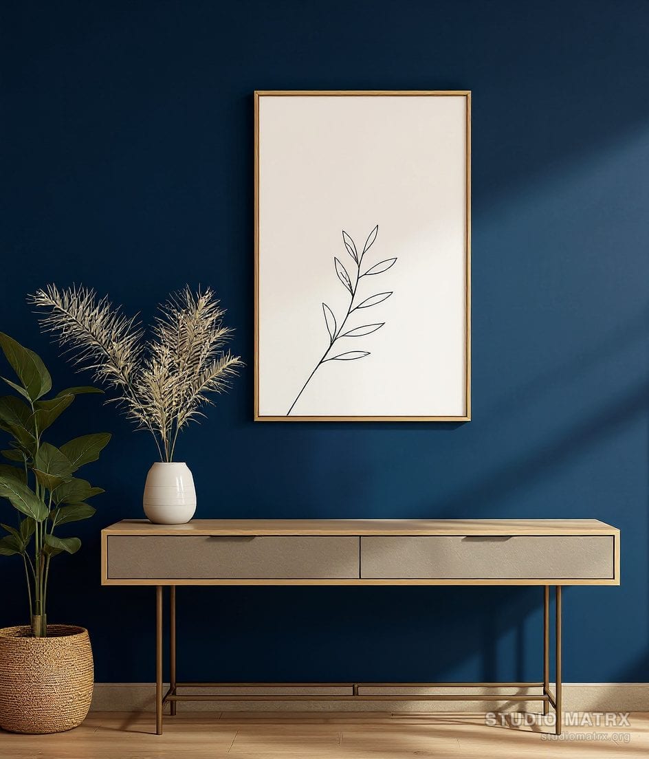 Negative Space Leaf Lines — Navy Wall