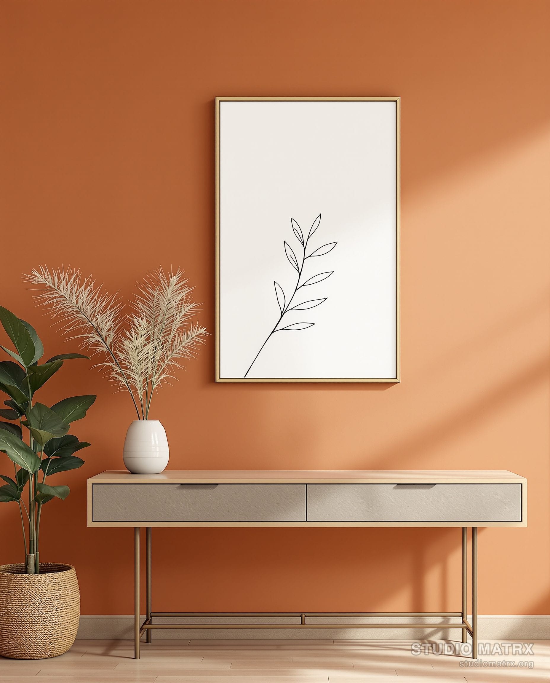 Negative Space Leaf Lines — Terracotta Wall