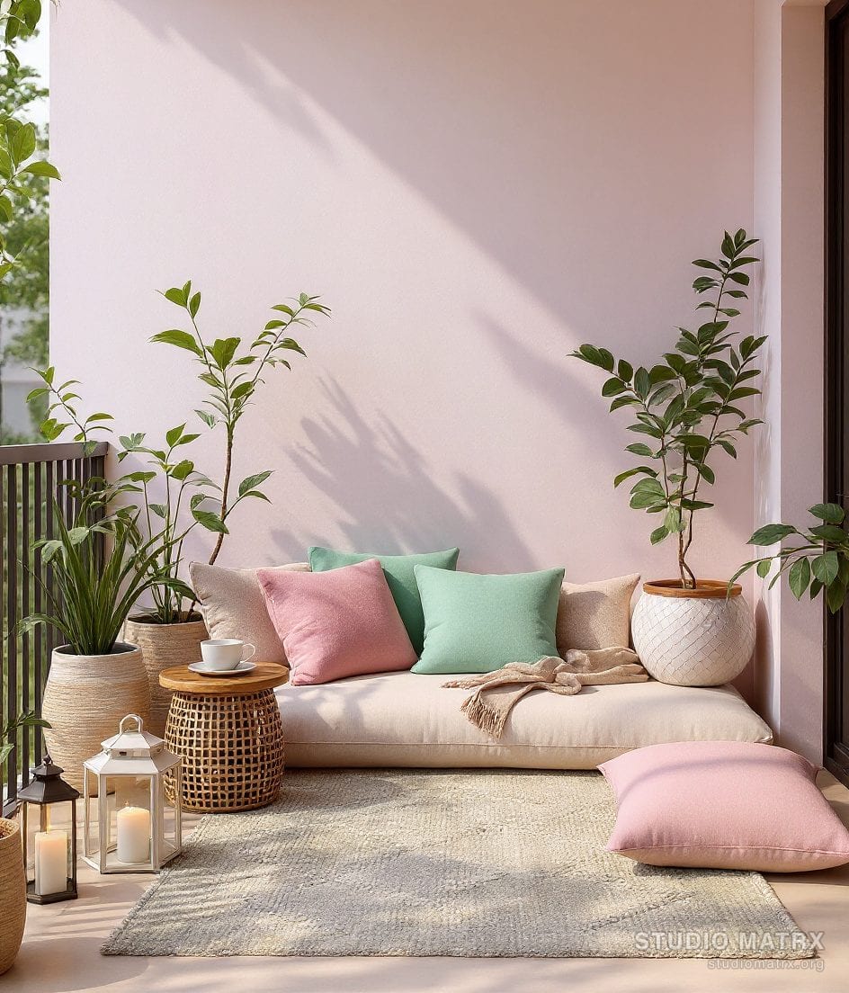 Cosy Balcony Lounge Corner — Blush & Sage