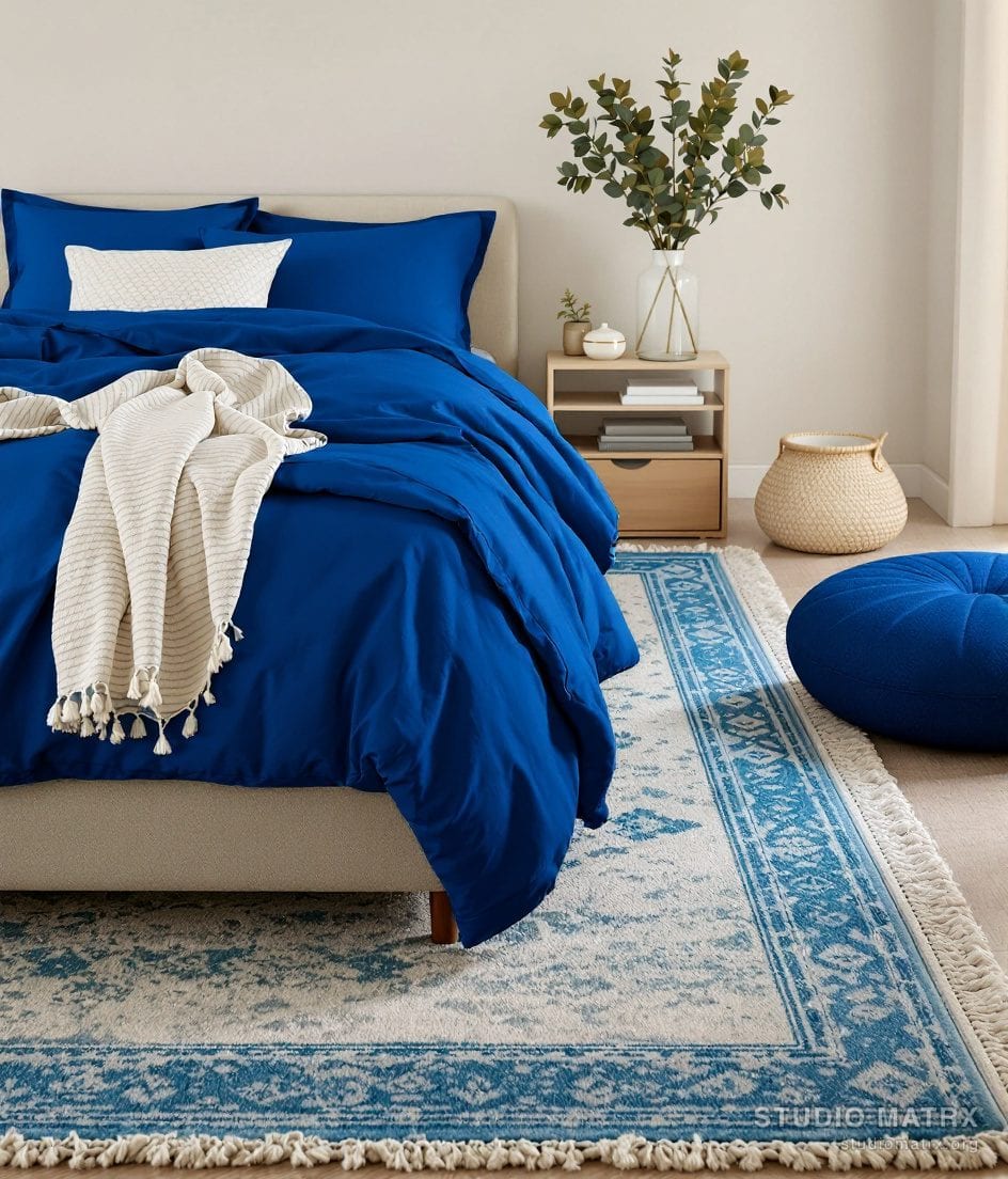 Cosy Layered Bedroom Rug — Blue & Ivory