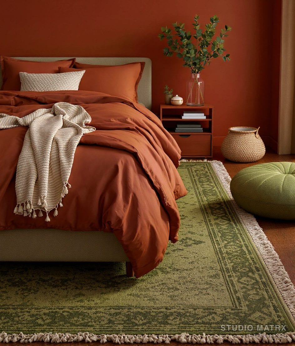 Cosy Layered Bedroom Rug — Terracotta & Olive