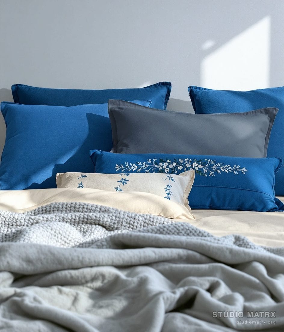 Layered Bedroom Cushion Styling — Blue & Ivory