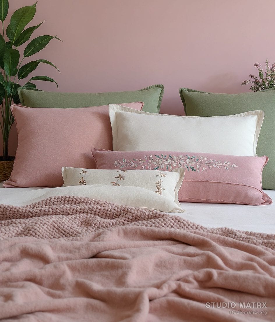 Layered Bedroom Cushion Styling — Blush & Sage