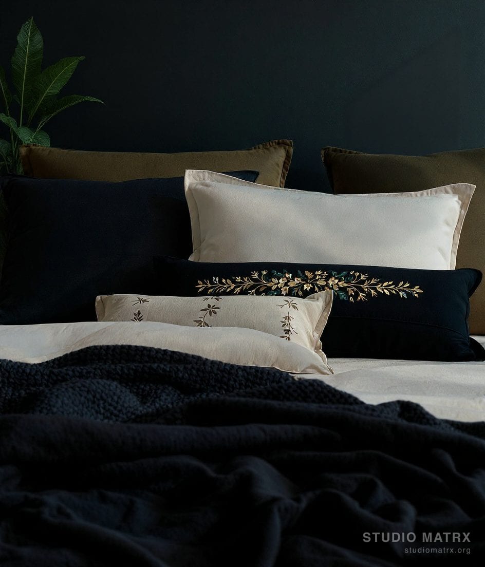Layered Bedroom Cushion Styling — Charcoal & Gold