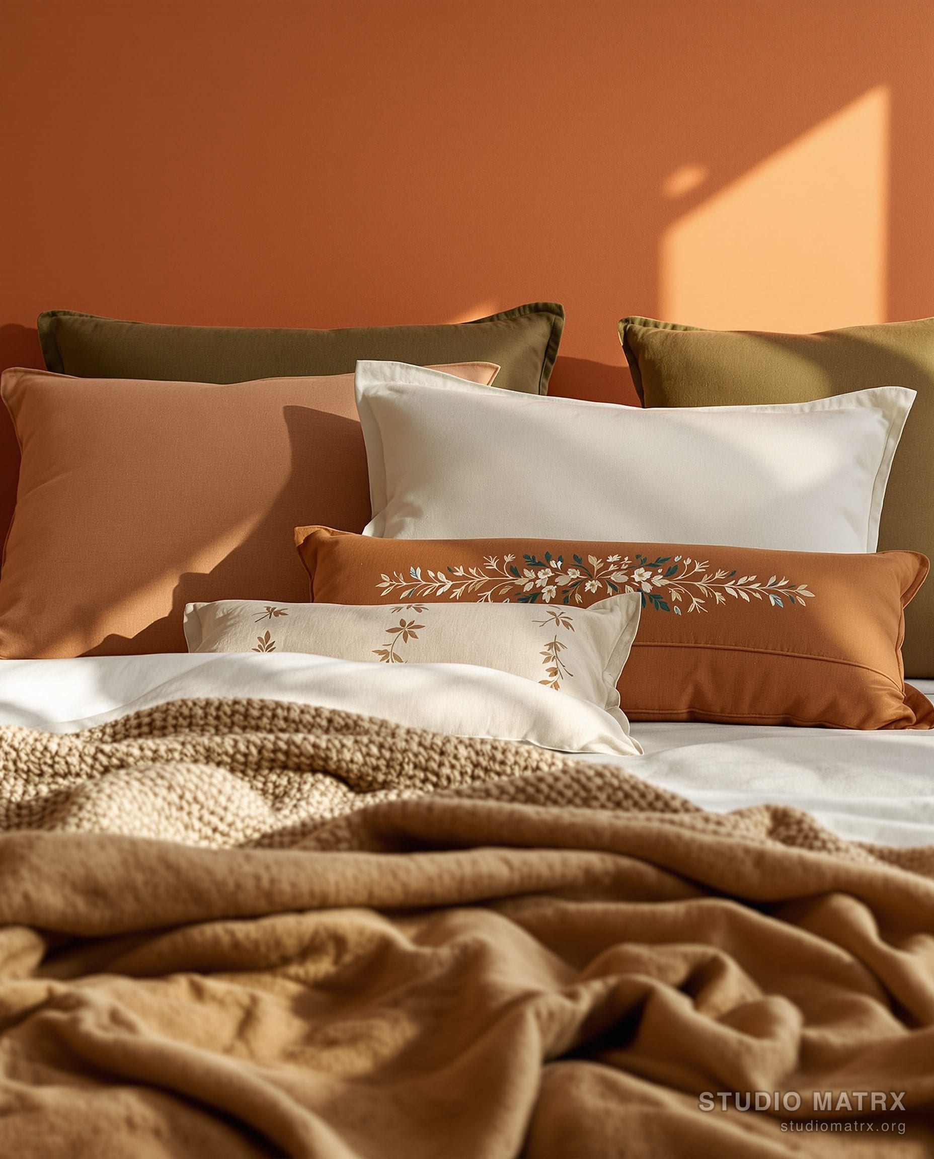 Layered Bedroom Cushion Styling — Terracotta & Olive