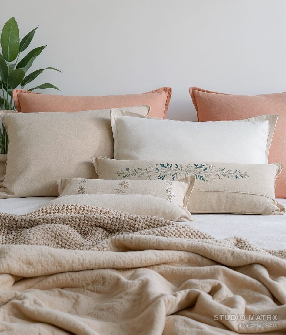 Layered Bedroom Cushion Styling — Warm Neutral