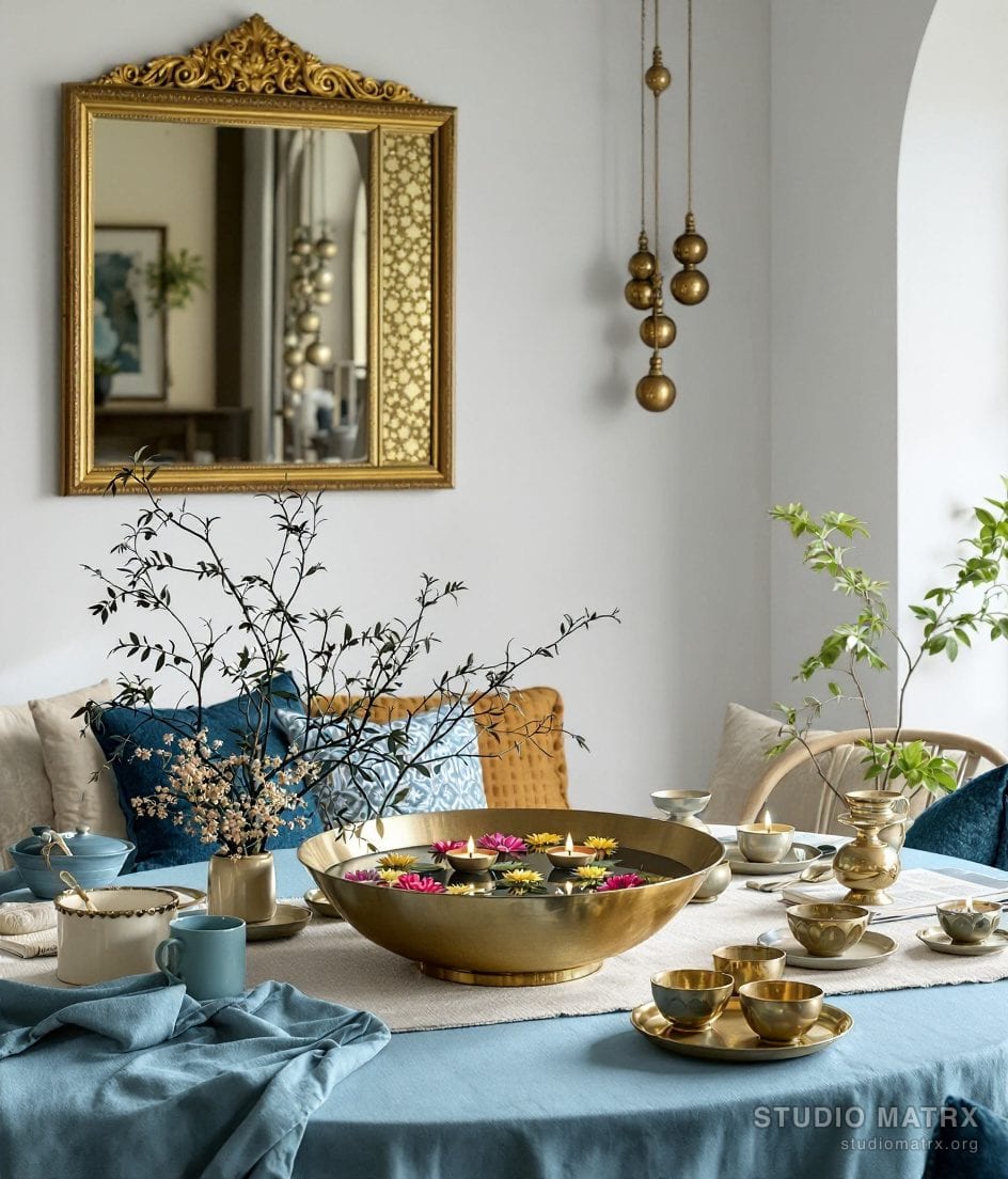 Traditional Brass Dining Decor — Blue & Ivory