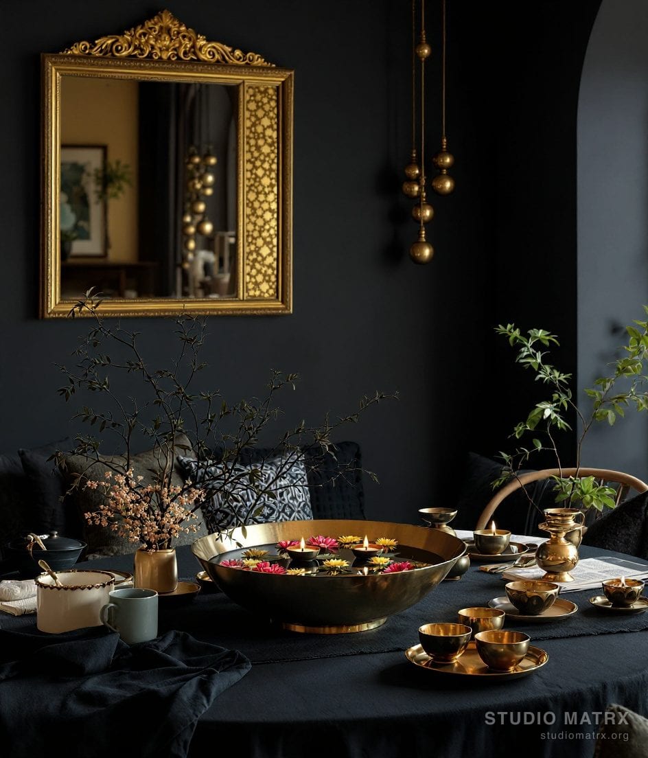 Traditional Brass Dining Decor — Charcoal & Gold