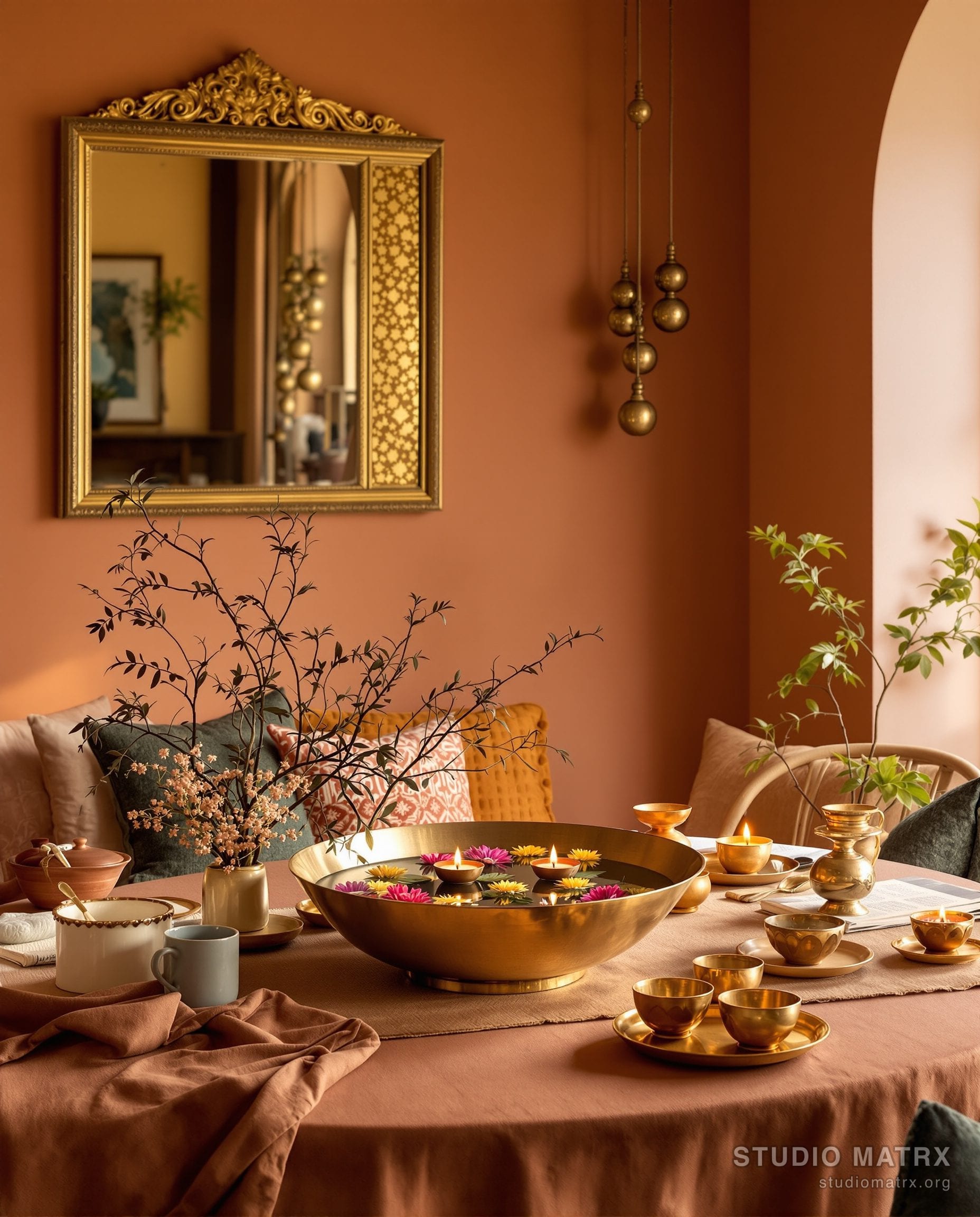 Traditional Brass Dining Decor — Terracotta & Olive