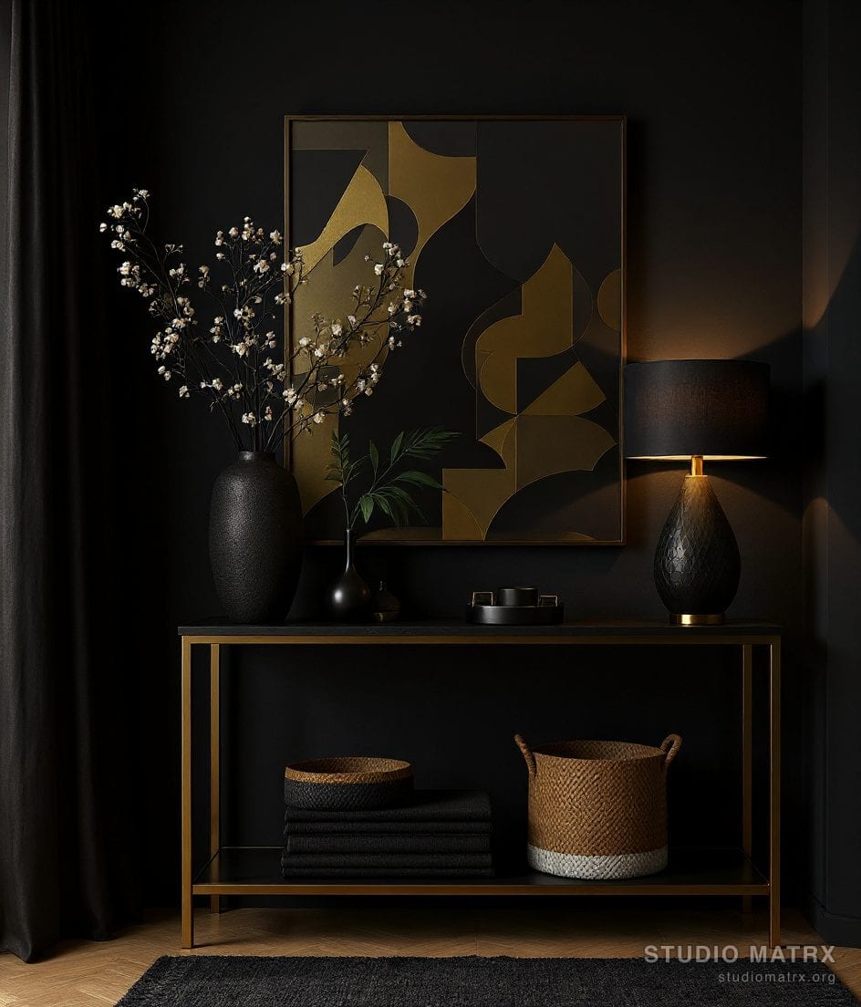 Foyer Console Table Vignette — Charcoal & Gold