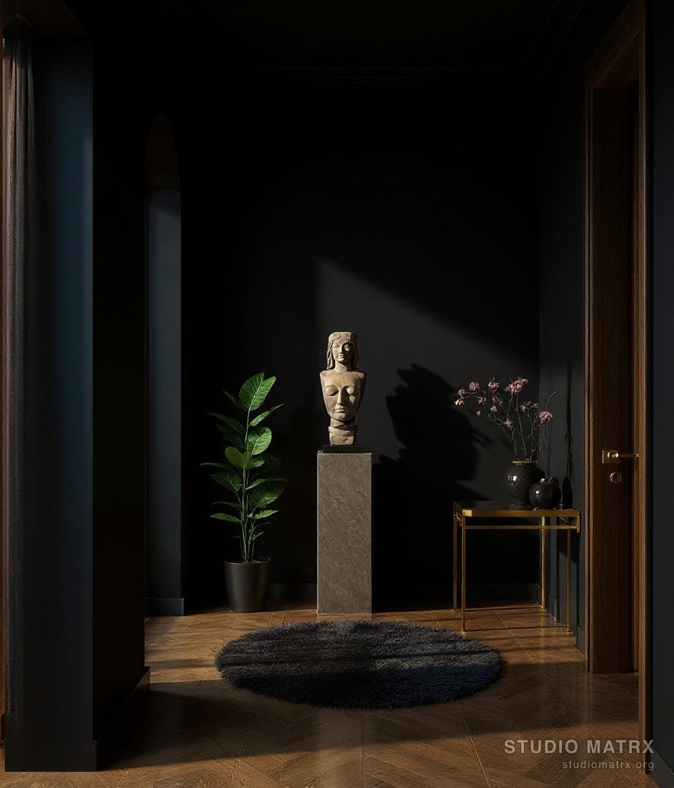 Foyer Sculpture Pedestal Display — Charcoal & Gold