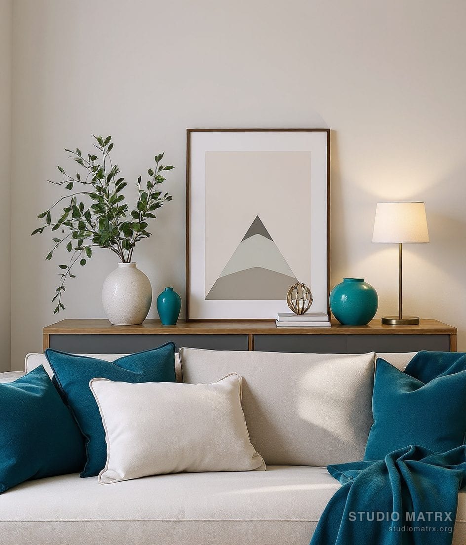 Curated Living Room Console Vignette — Blue & Ivory