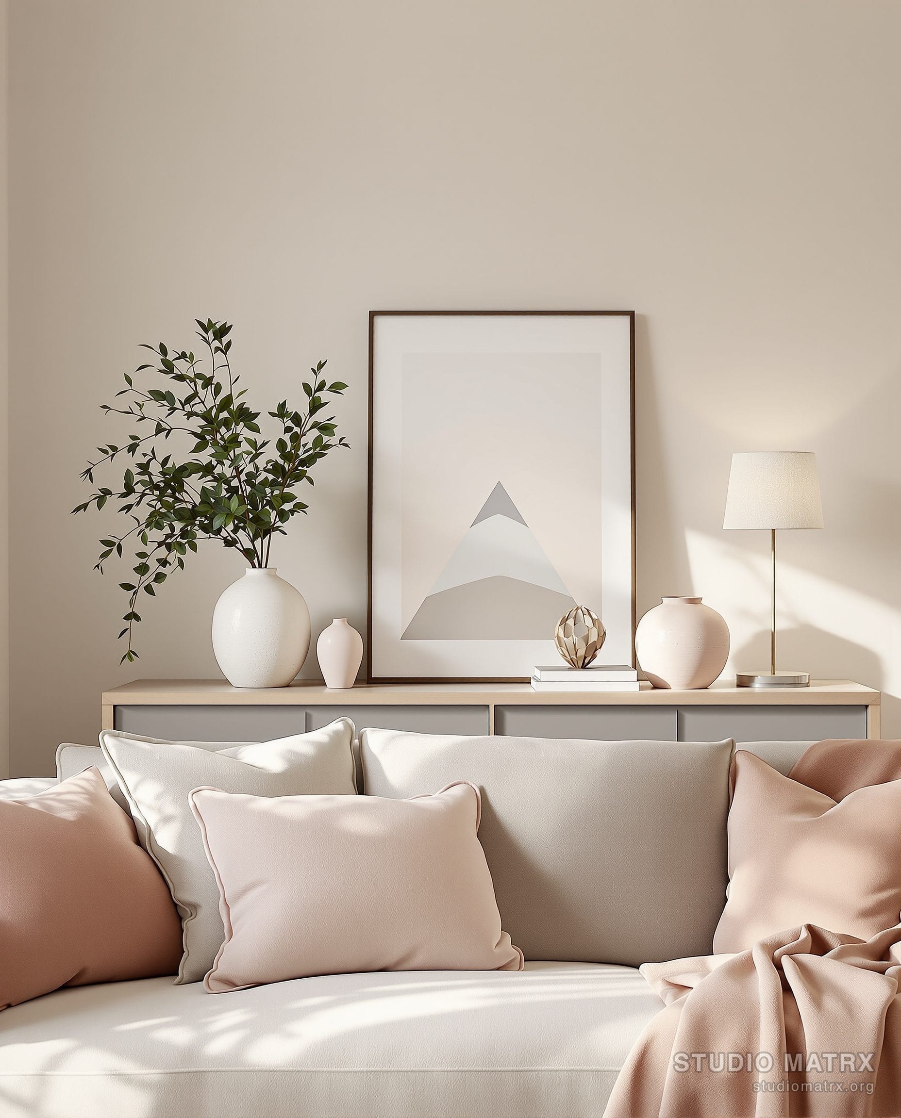 Curated Living Room Console Vignette — Blush & Sage