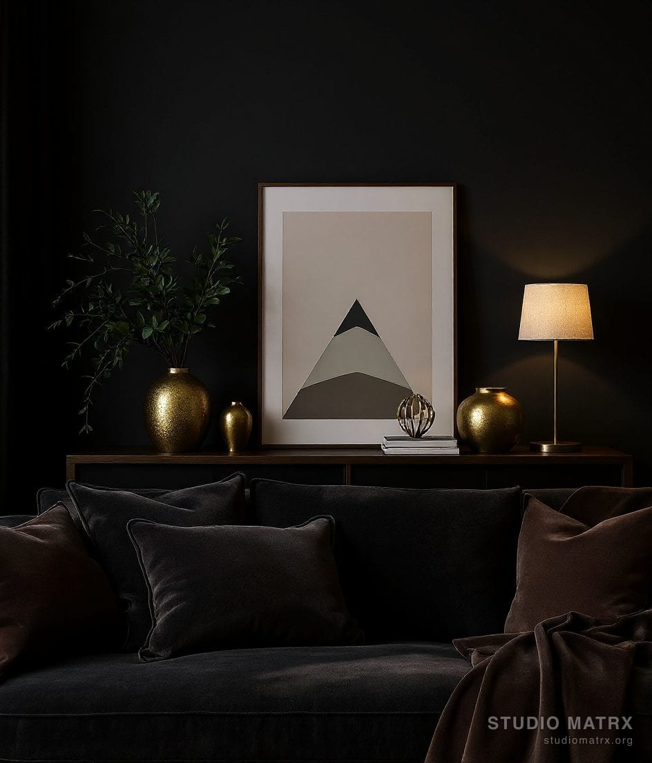 Curated Living Room Console Vignette — Charcoal & Gold