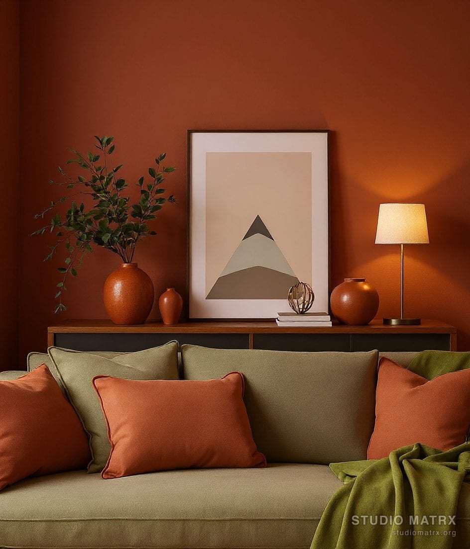 Curated Living Room Console Vignette — Terracotta & Olive