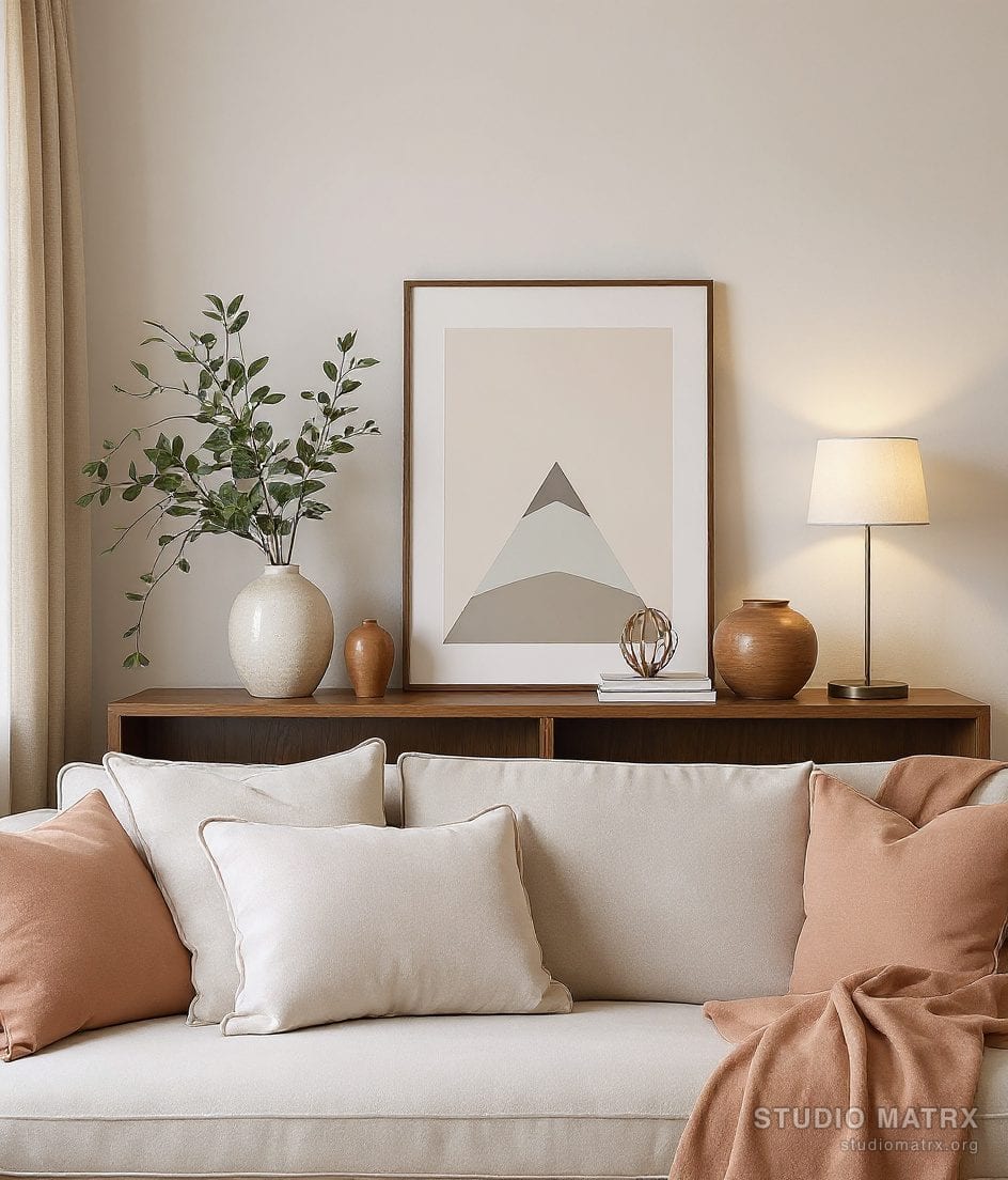 Curated Living Room Console Vignette — Warm Neutral
