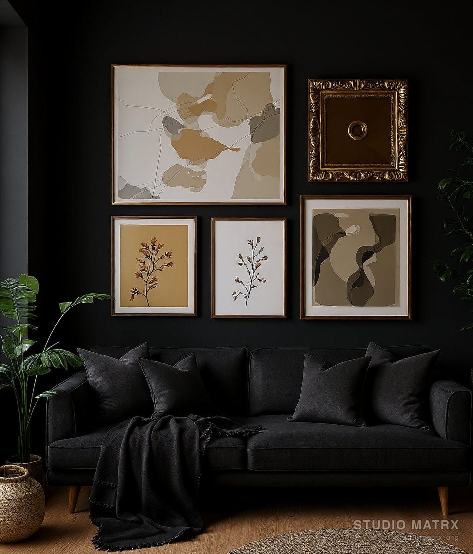 Living Room Gallery Art Wall — Charcoal & Gold