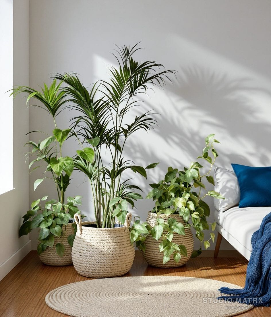 Plants And Layered Rug Living Room — Blue & Ivory