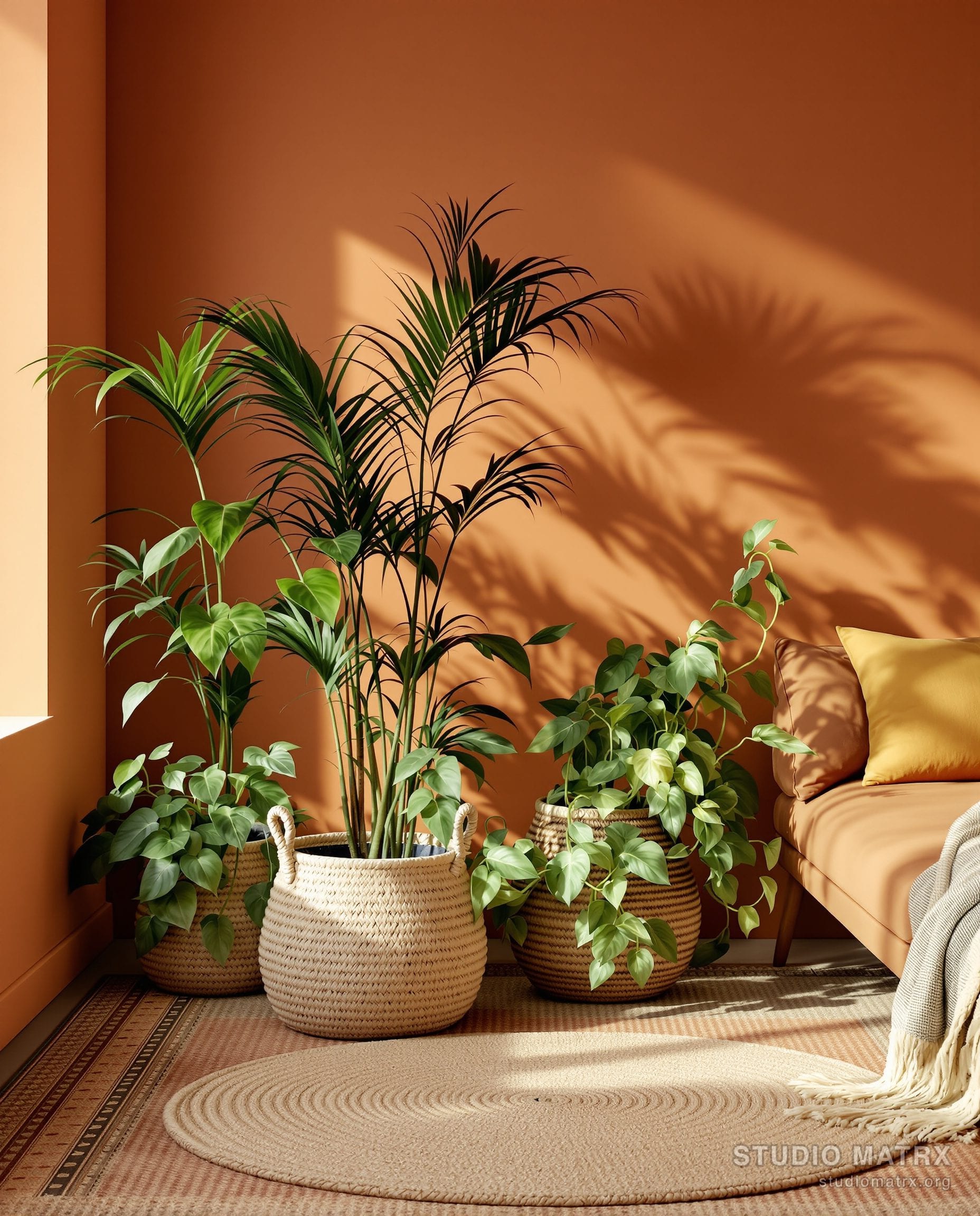 Plants And Layered Rug Living Room — Terracotta & Olive