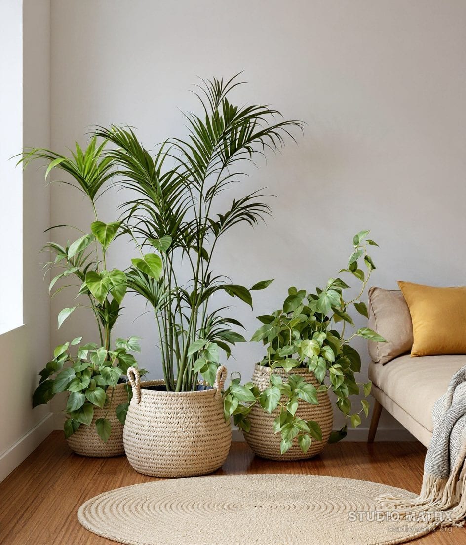 Plants And Layered Rug Living Room — Warm Neutral