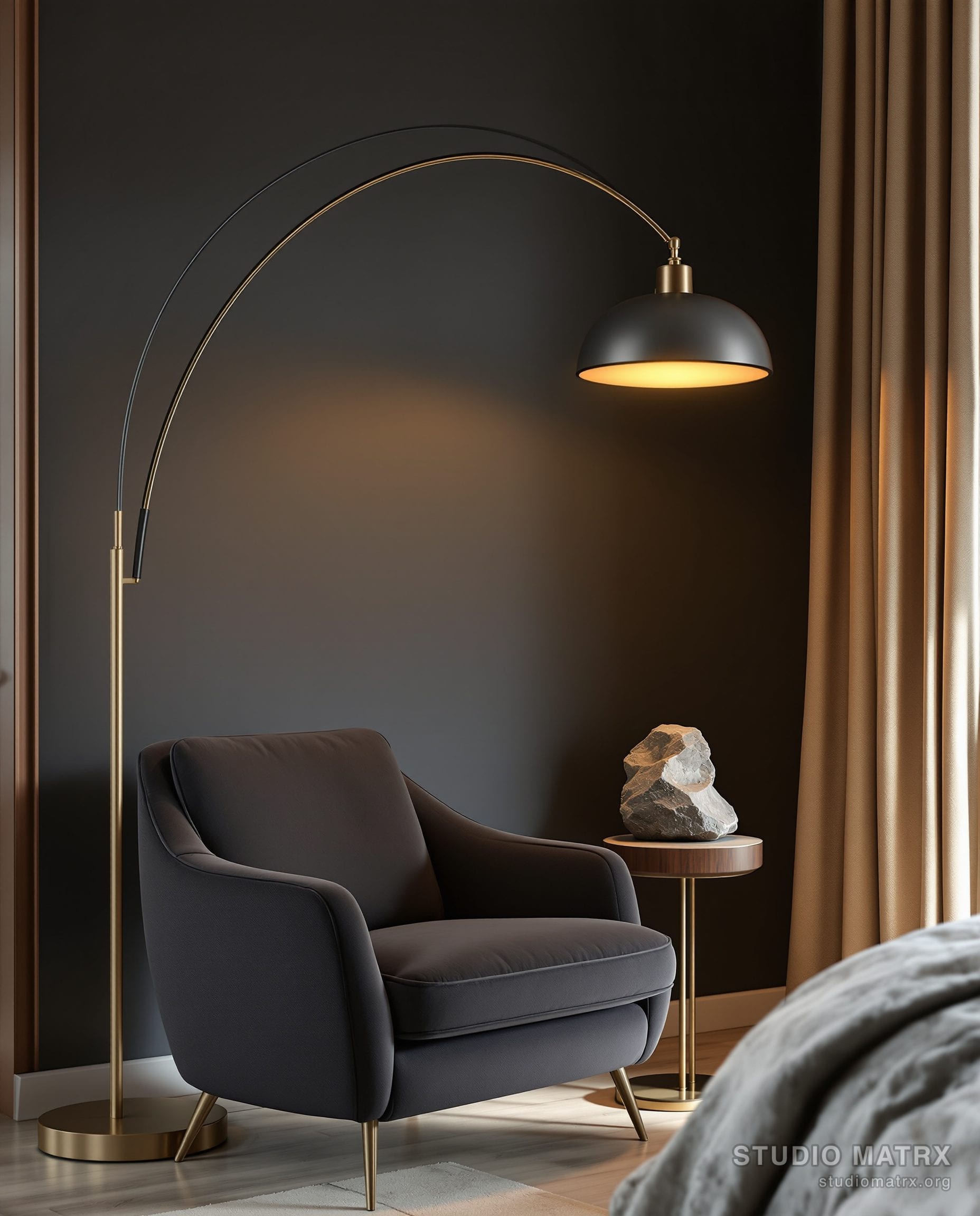 Sculptural Living Room Reading Corner — Charcoal & Gold