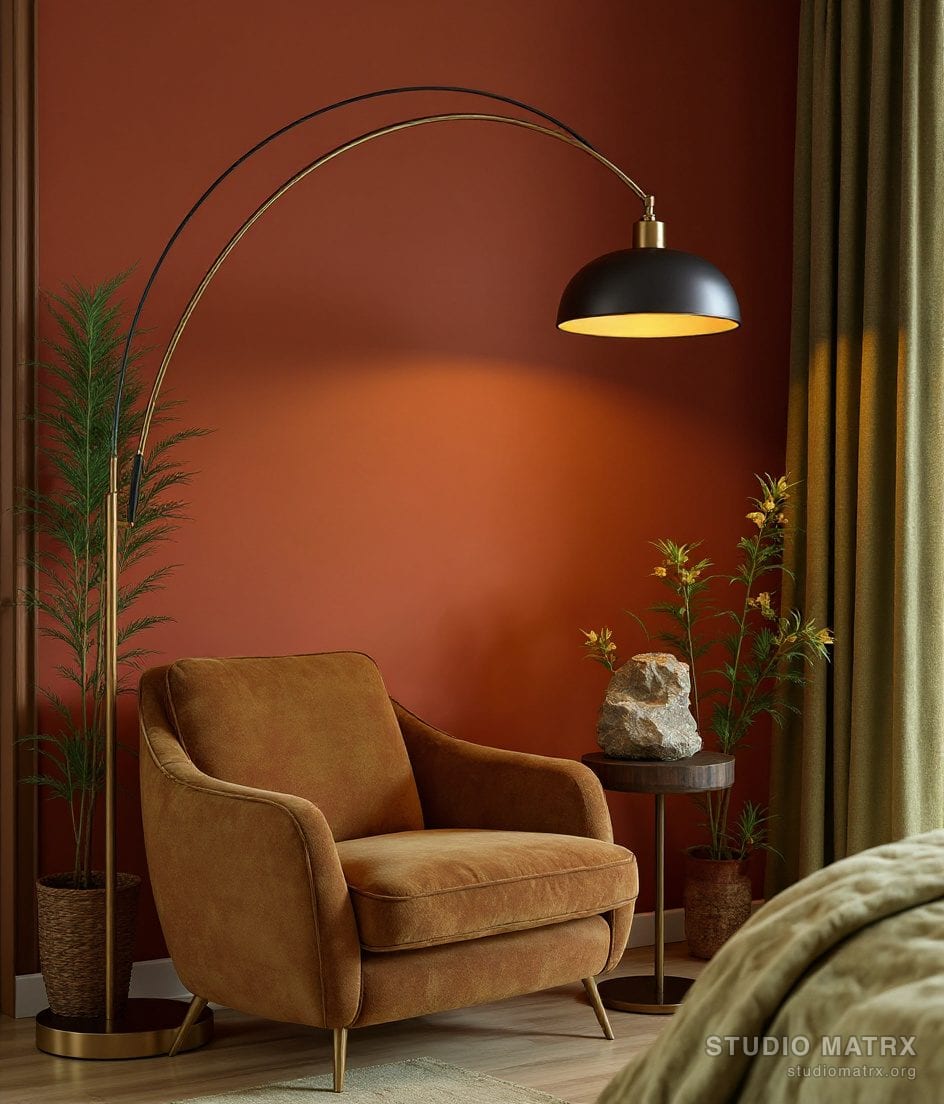 Sculptural Living Room Reading Corner — Terracotta & Olive