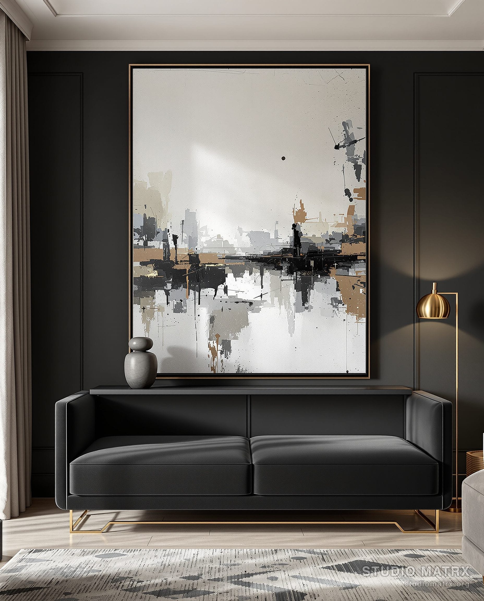 Living Room Statement Art Wall — Charcoal & Gold