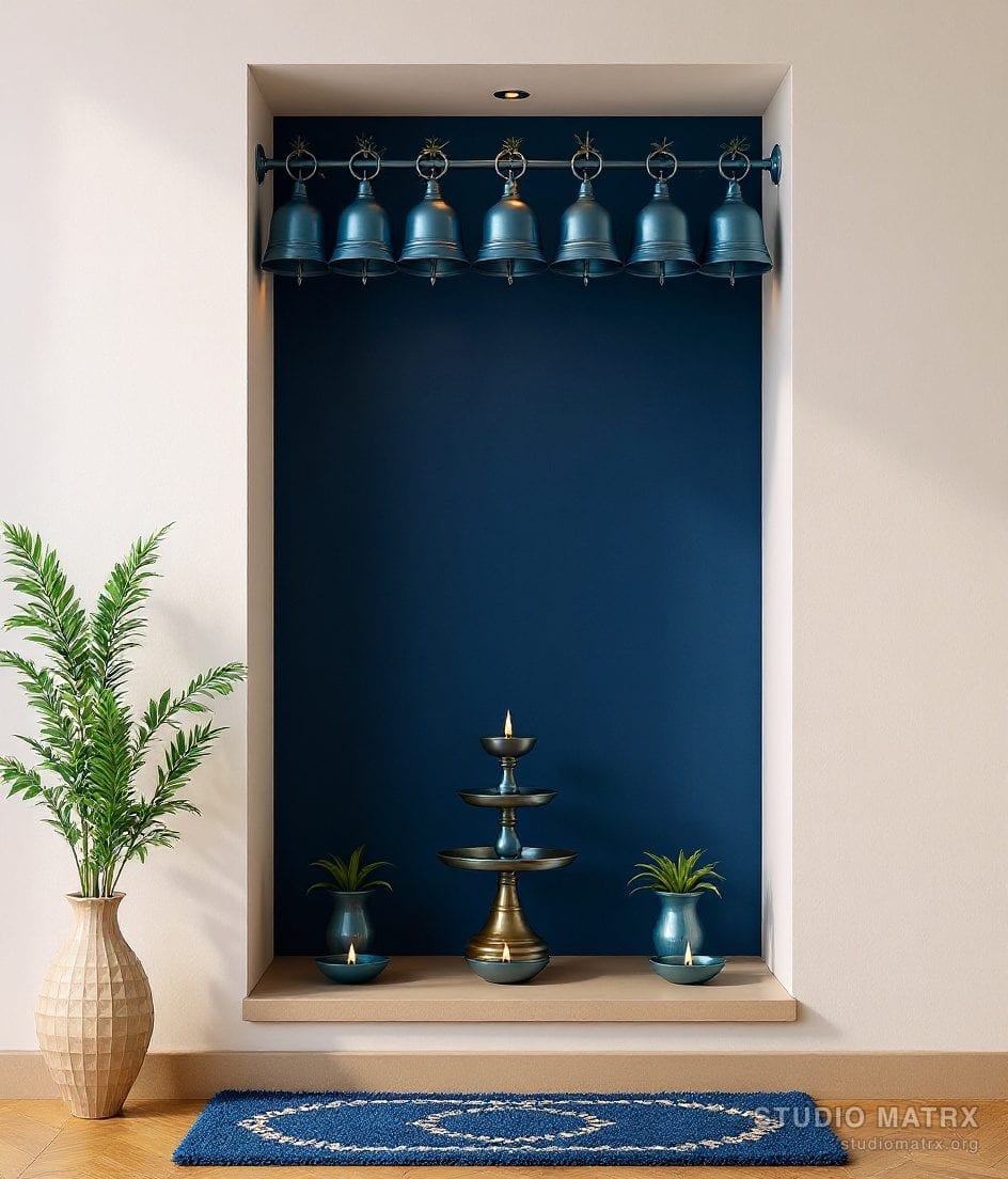 Pooja Room Bell And Diya Display — Blue & Ivory