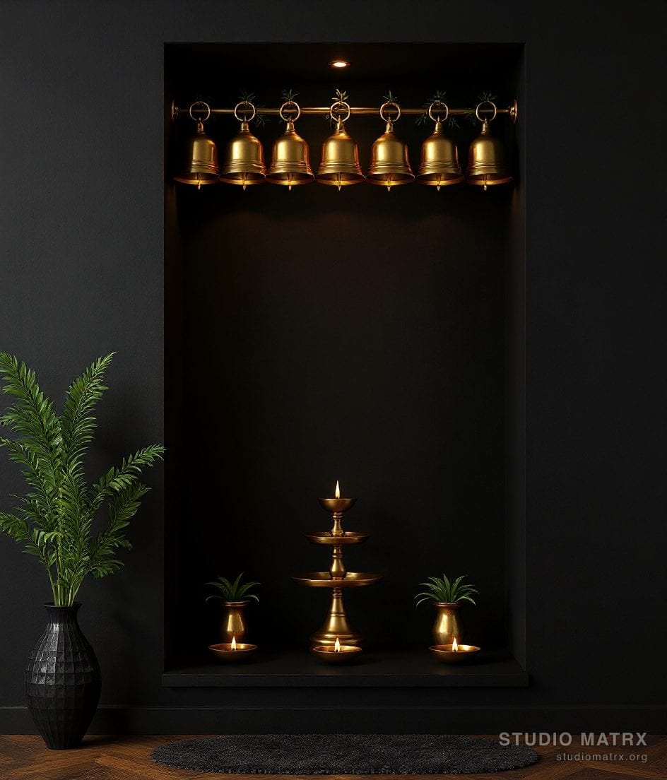Pooja Room Bell And Diya Display — Charcoal & Gold