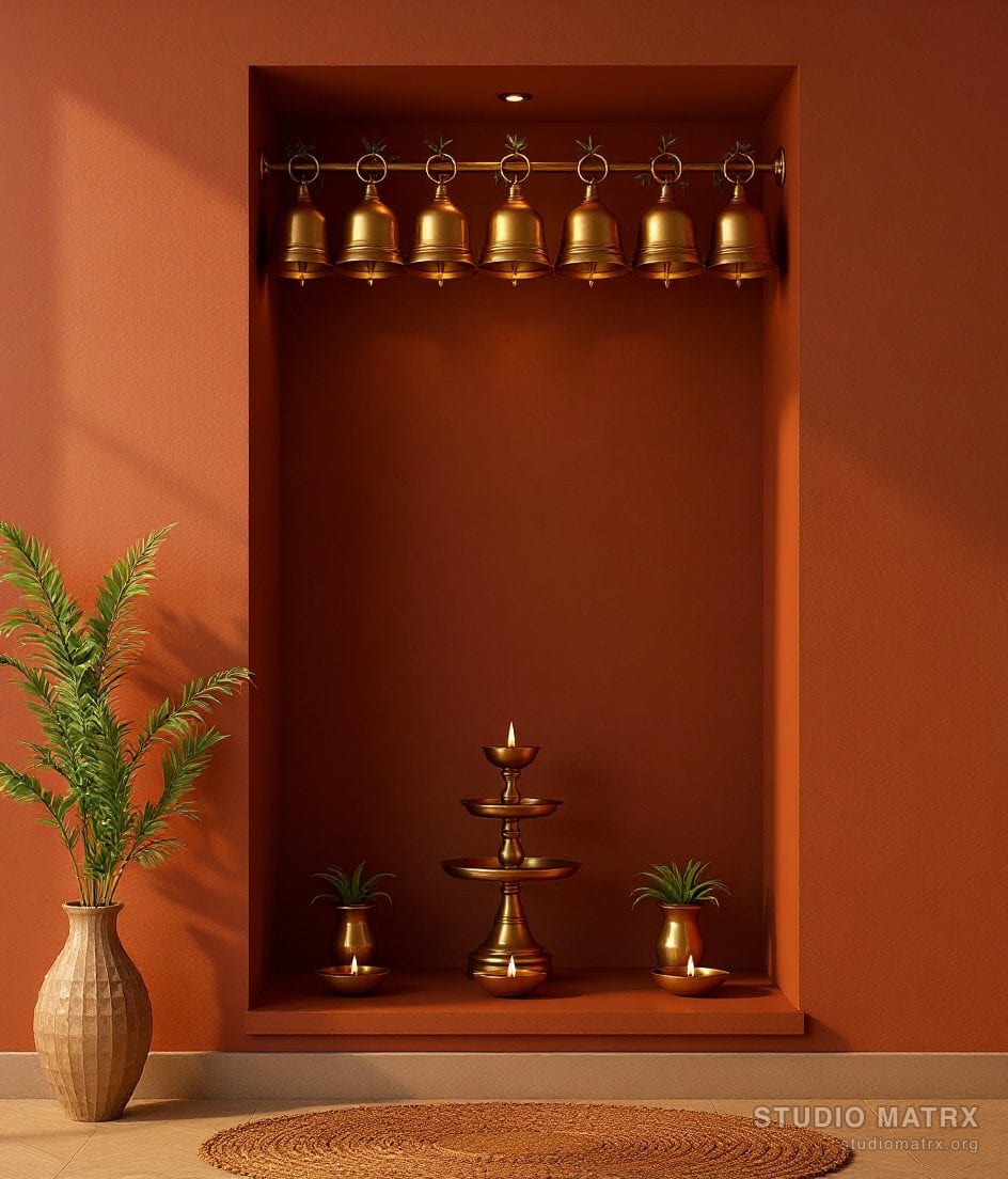 Pooja Room Bell And Diya Display — Terracotta & Olive