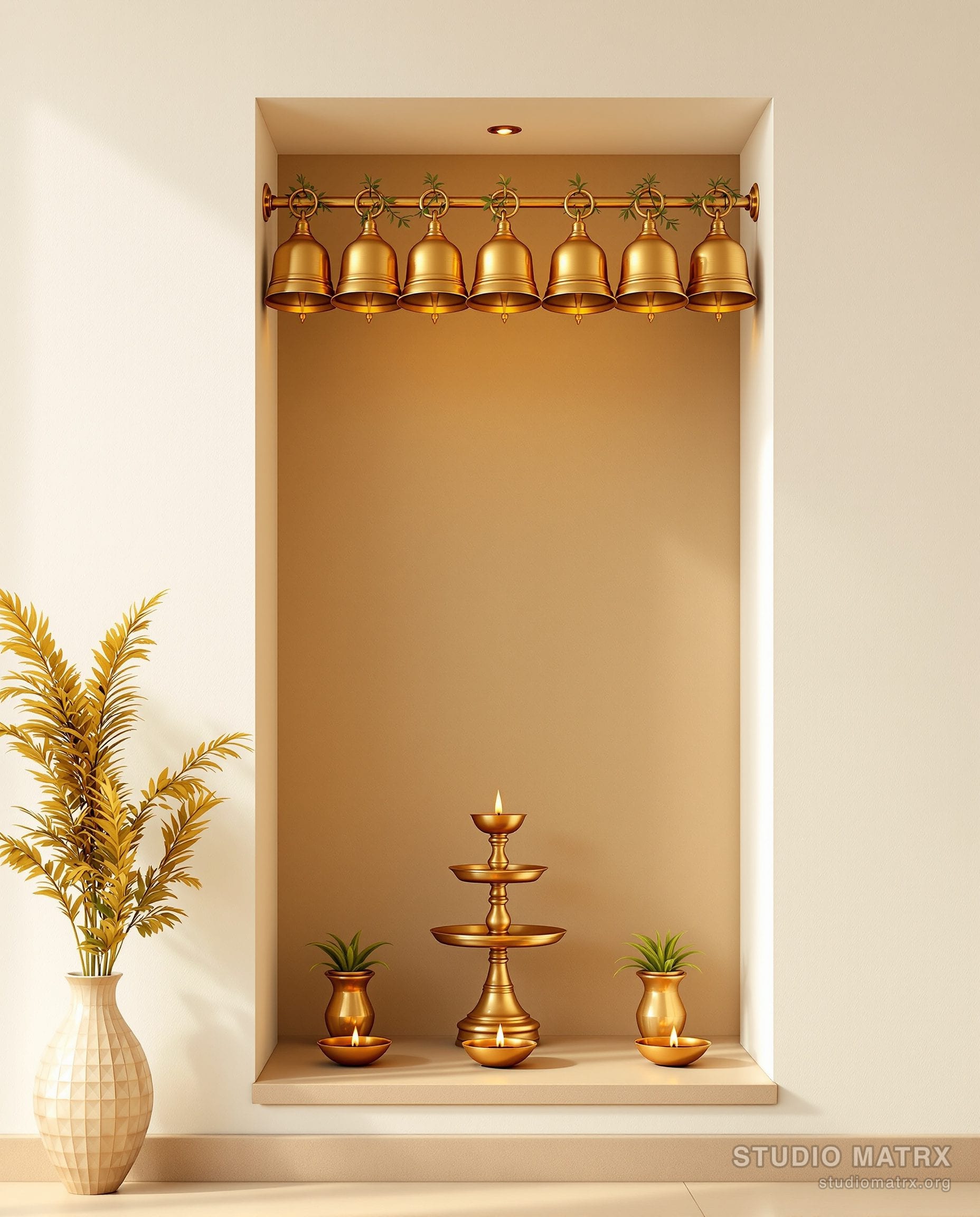 Pooja Room Bell And Diya Display — Warm Neutral