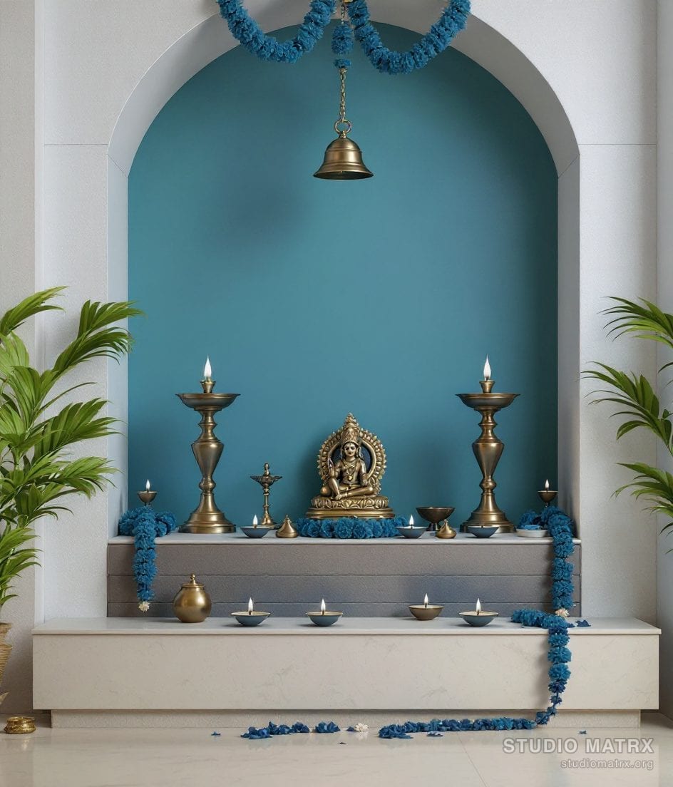 Pooja Room Brass Lamp Altar — Blue & Ivory