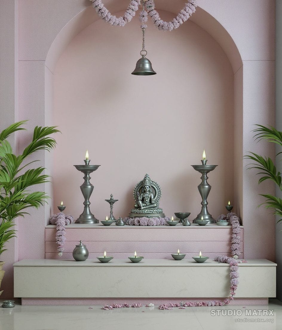 Pooja Room Brass Lamp Altar — Blush & Sage
