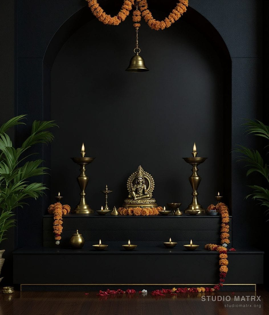 Pooja Room Brass Lamp Altar — Charcoal & Gold
