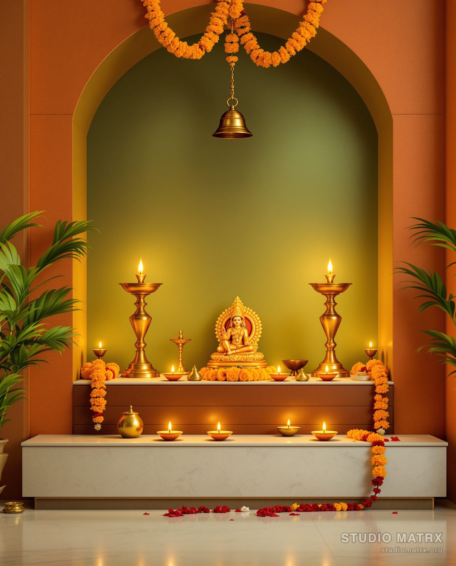 Pooja Room Brass Lamp Altar — Terracotta & Olive
